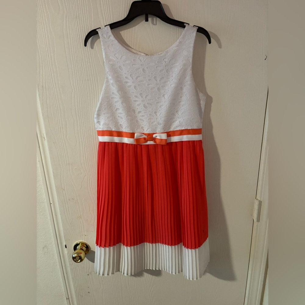 White and coral pleated little girls dress size 16